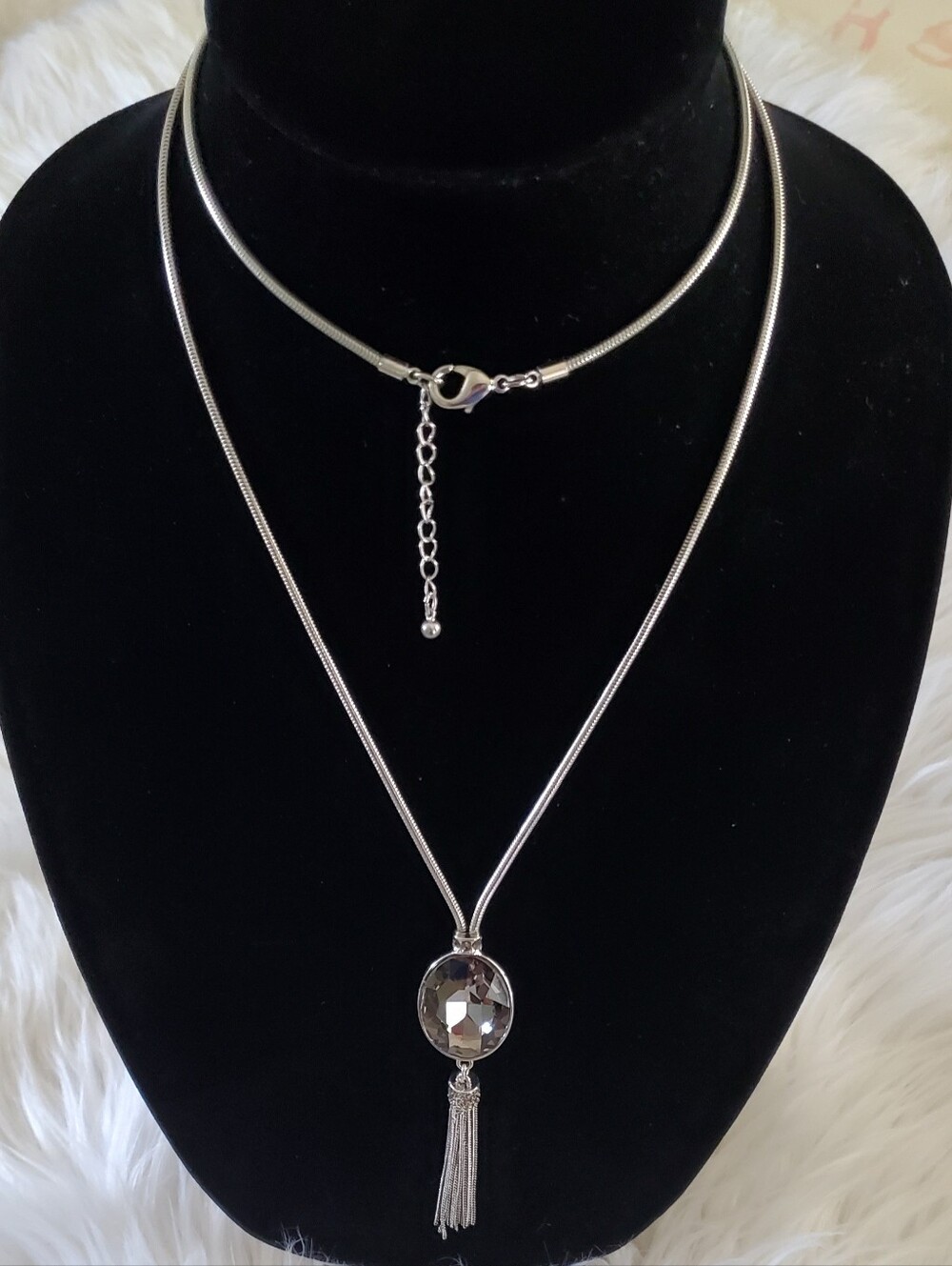 White House Black Market Smoky Crystal Tassel Pendant Snake Chain Necklace